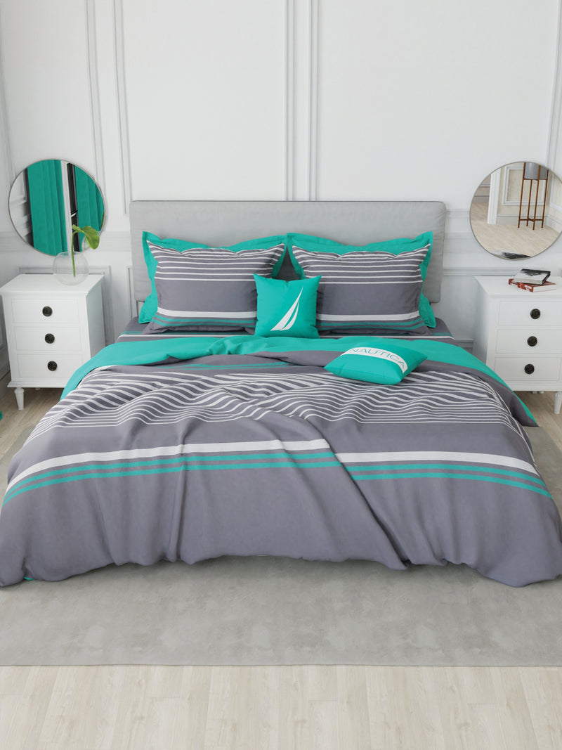 Designer 100% Satin Cotton Double Comforter With 1 King Bedsheet And 2 Pillow Covers For All Weather <small> (stripe-grey/aqua)</small>