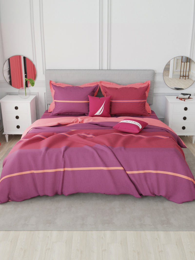 Designer 100% Satin Cotton Double Comforter With 1 King Bedsheet And 2 Pillow Covers For All Weather <small> (stripe-plum/red)</small>