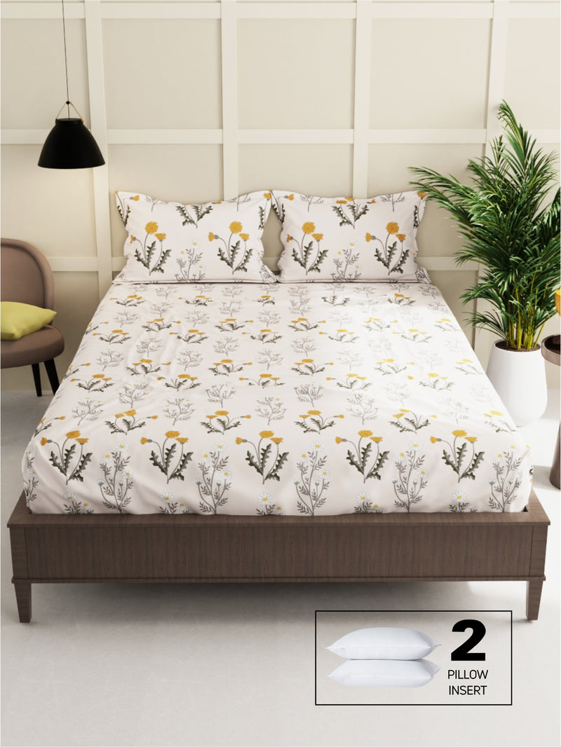 Extra Smooth Micro Double Bedsheet With 2 Pillow Covers + 2 Pillows <small> (floral-beige/grey)</small>