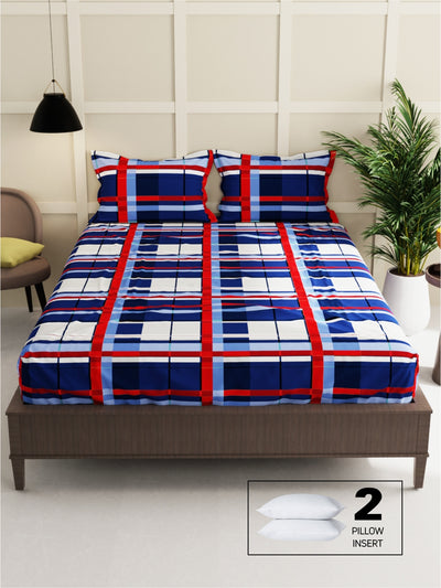 Extra Smooth Micro Double Bedsheet With 2 Pillow Covers + 2 Pillows <small> (checks-blue/rd)</small>