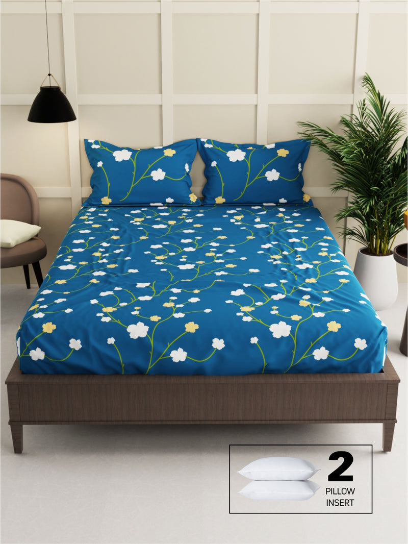 Extra Smooth Micro Double Bedsheet With 2 Pillow Covers + 2 Pillows <small> (floral-blue)</small>