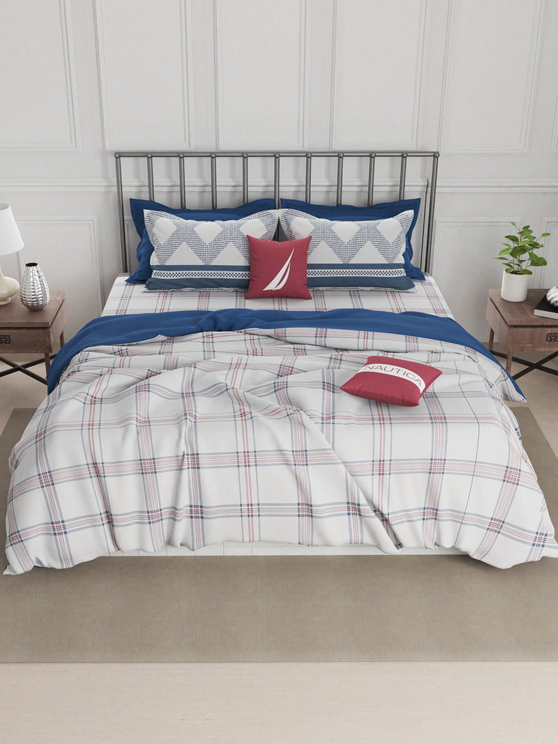 Super Fine 100% Egyptian Satin Cotton Double Comforter With 1 King Bedsheet And 2 Pillow Covers For All Weather <small> (checks-blue/red)</small>