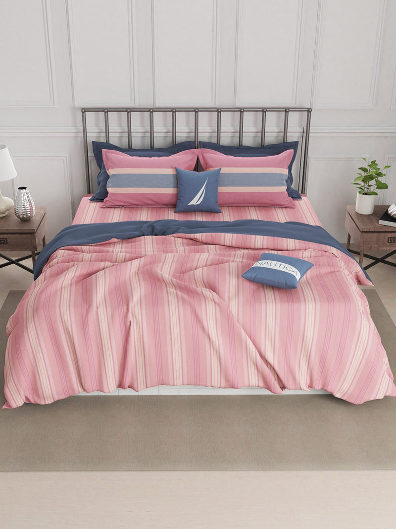 Super Fine 100% Egyptian Satin Cotton Double Comforter With 1 King Bedsheet And 2 Pillow Covers For All Weather <small> (stripe-peach/blue)</small>