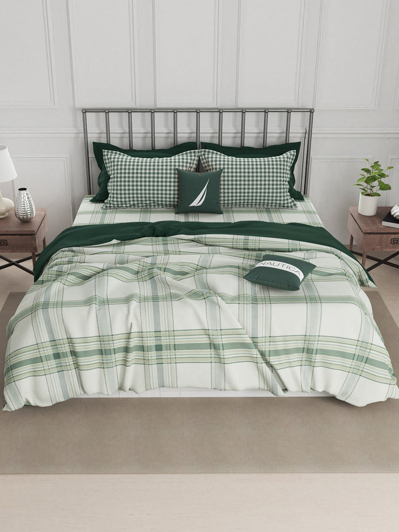Super Fine 100% Egyptian Satin Cotton Double Comforter With 1 King Bedsheet And 2 Pillow Covers For All Weather <small> (checks-sage/green)</small>