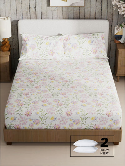 Bamboo Micro King Bedsheet With 2 Pillow Covers + 2 Pillows <small> (floral-wht/purple)</small>