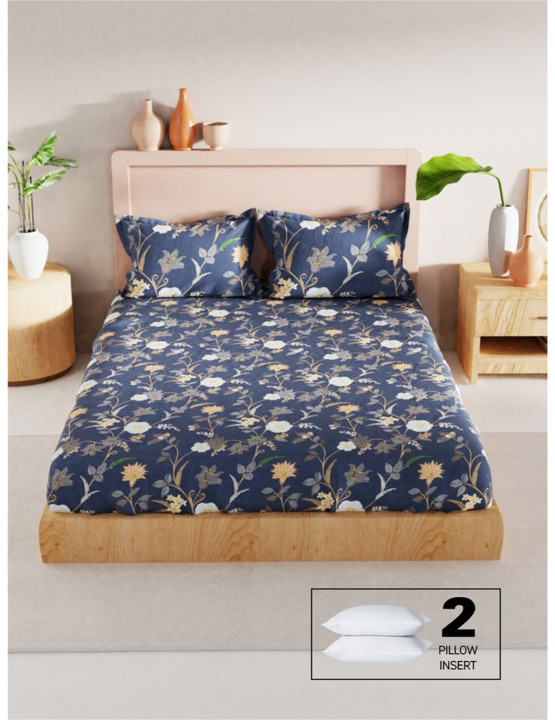 Bamboo Micro King Bedsheet With 2 Pillow Covers + 2 Pillows <small> (floral-cblt blue)</small>