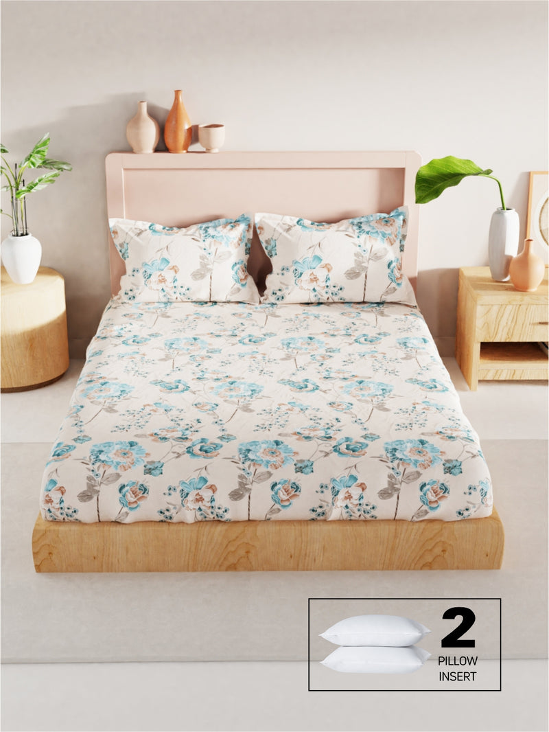Bamboo Micro King Bedsheet With 2 Pillow Covers + 2 Pillows <small> (floral-ecru)</small>