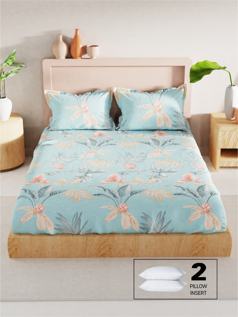 Bamboo Micro King Bedsheet With 2 Pillow Covers + 2 Pillows <small> (floral-mint/green)</small>