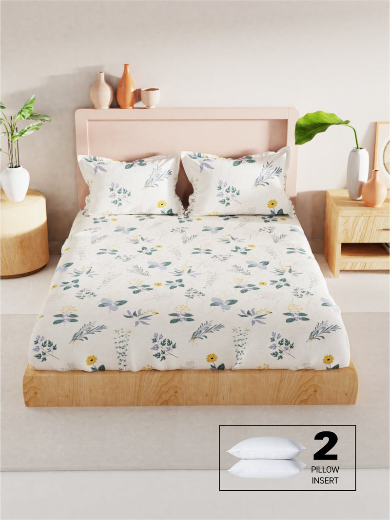 Bamboo Micro King Bedsheet With 2 Pillow Covers + 2 Pillows <small> (floral-beige)</small>