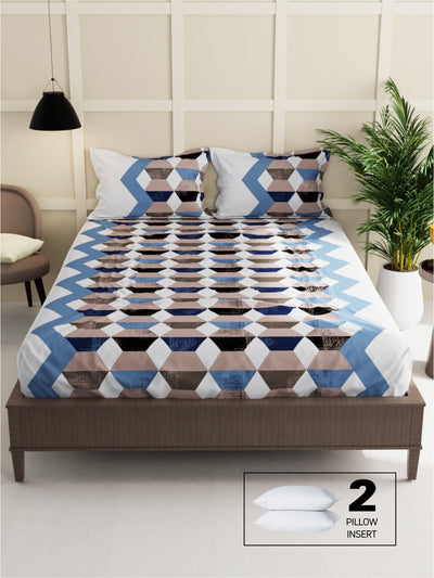 Extra Smooth Micro Double Bedsheet With 2 Pillow Covers + 2 Pillows <small> (geometric-brown/blue)</small>