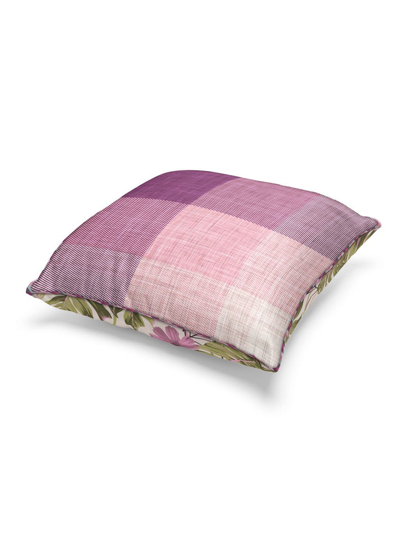 Designer Reversible Printed Silk Linen Cushion Covers <small> (floral-checks-wine/plum)</small>