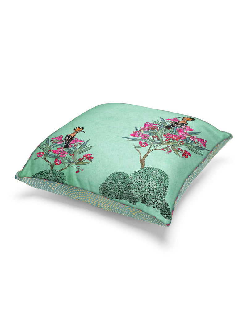 Designer Reversible Printed Silk Linen Cushion Covers <small> (floral-solid-mint/teal)</small>