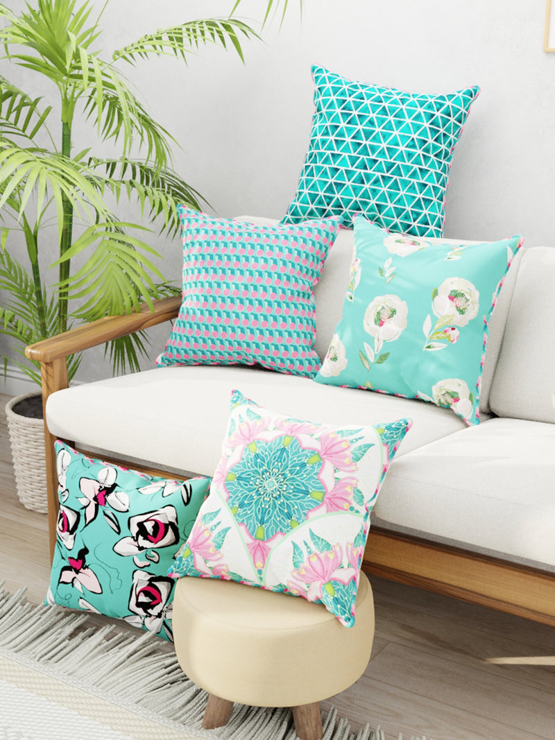 Designer Reversible Printed Silk Linen Cushion Covers <small> (floral-geometric-coral/teal)</small>