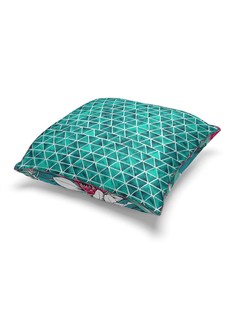 Designer Reversible Printed Silk Linen Cushion Covers <small> (floral-geometric-coral/teal)</small>
