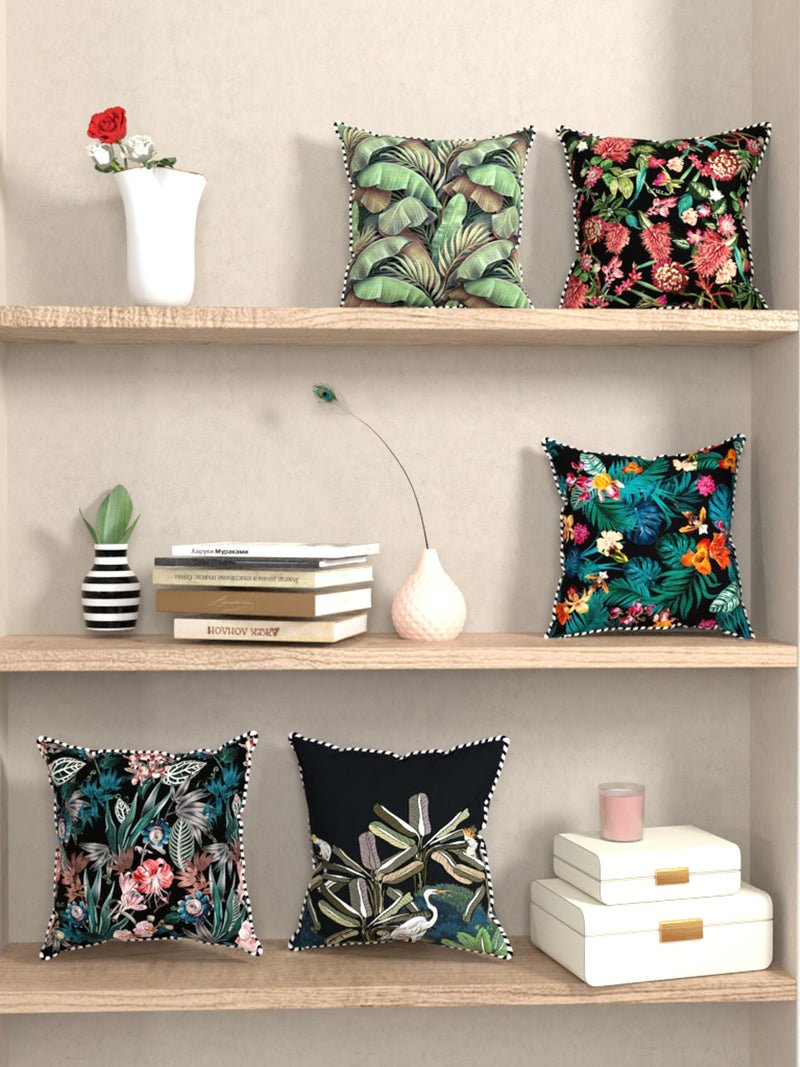 Designer Reversible Printed Silk Linen Cushion Covers <small> (floral-black/green)</small>