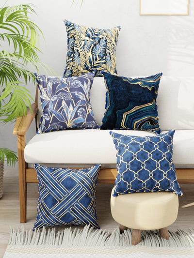 Designer Reversible Printed Silk Linen Cushion Covers <small> (floral-abstract-navy/gold)</small>
