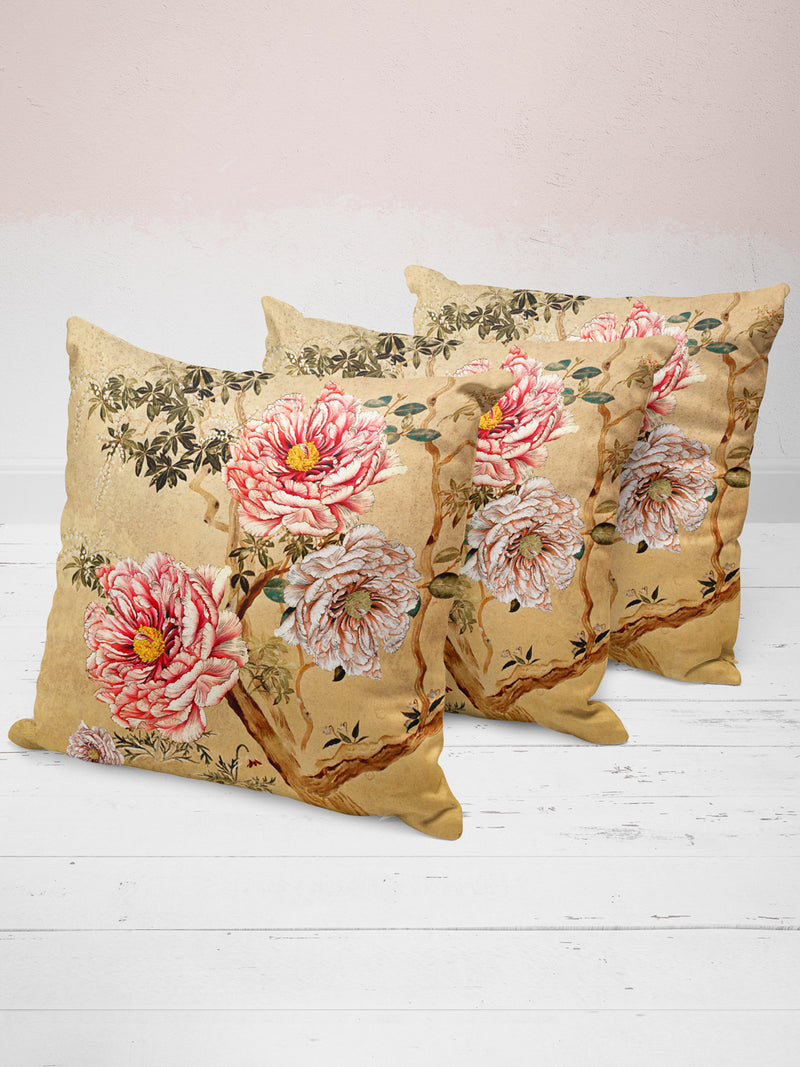 Designer Digital Printed Silky Smooth Cushion Covers <small> (floral-beige/pink)</small>
