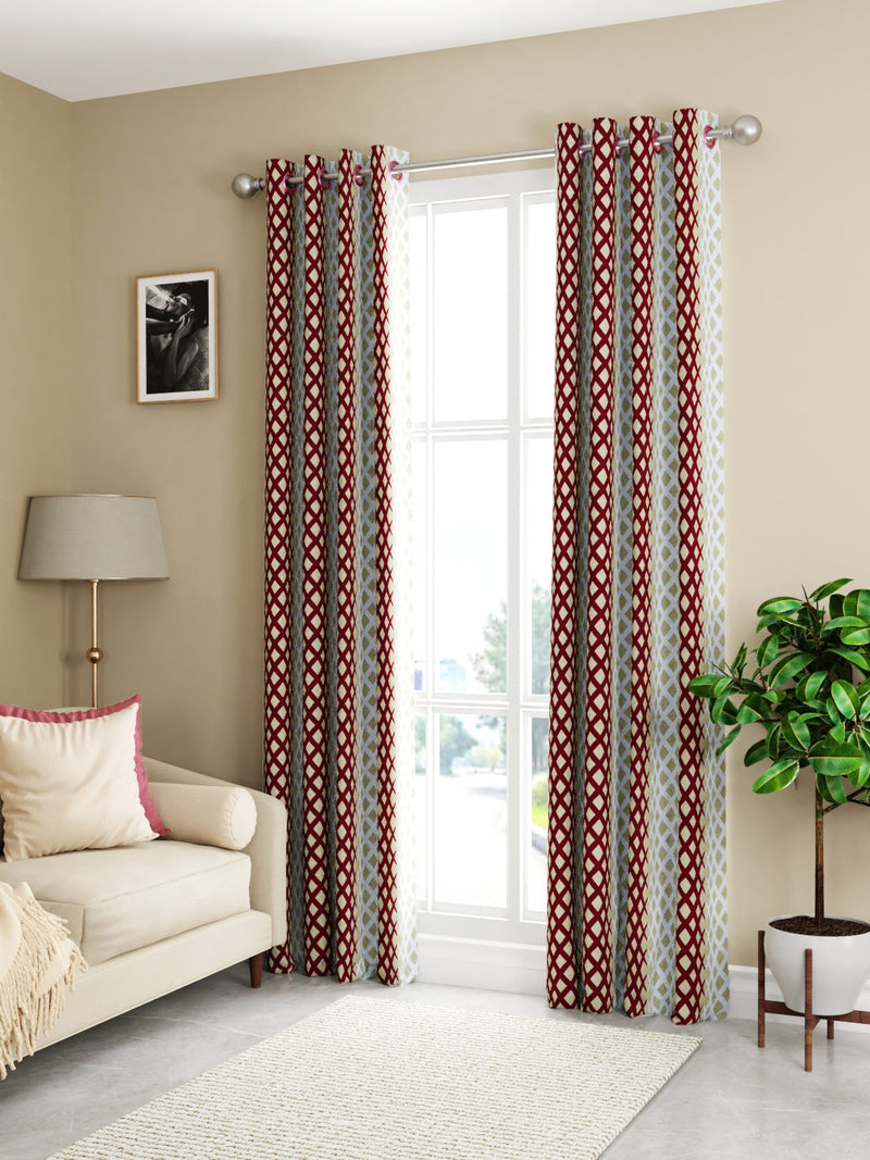 Light Filtering Polyester Eyelet Curtains <small> (geometric-beige/maroon)</small>