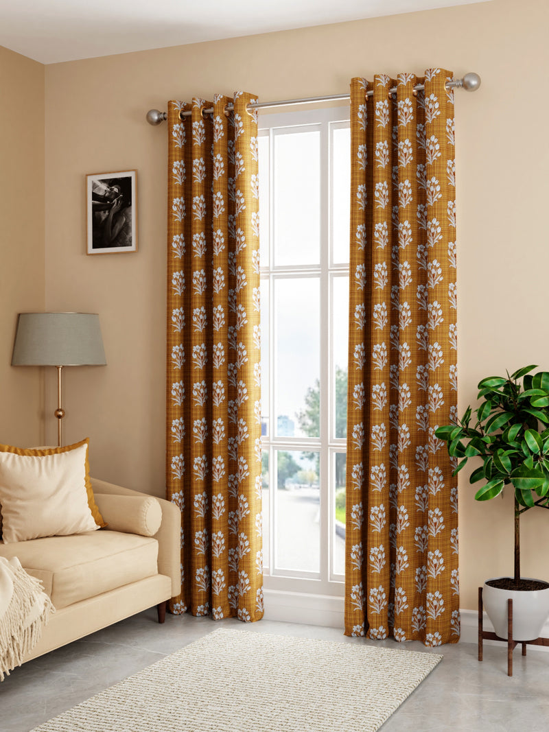 Light Filtering Polyester Eyelet Curtains <small> (floral-ochre)</small>