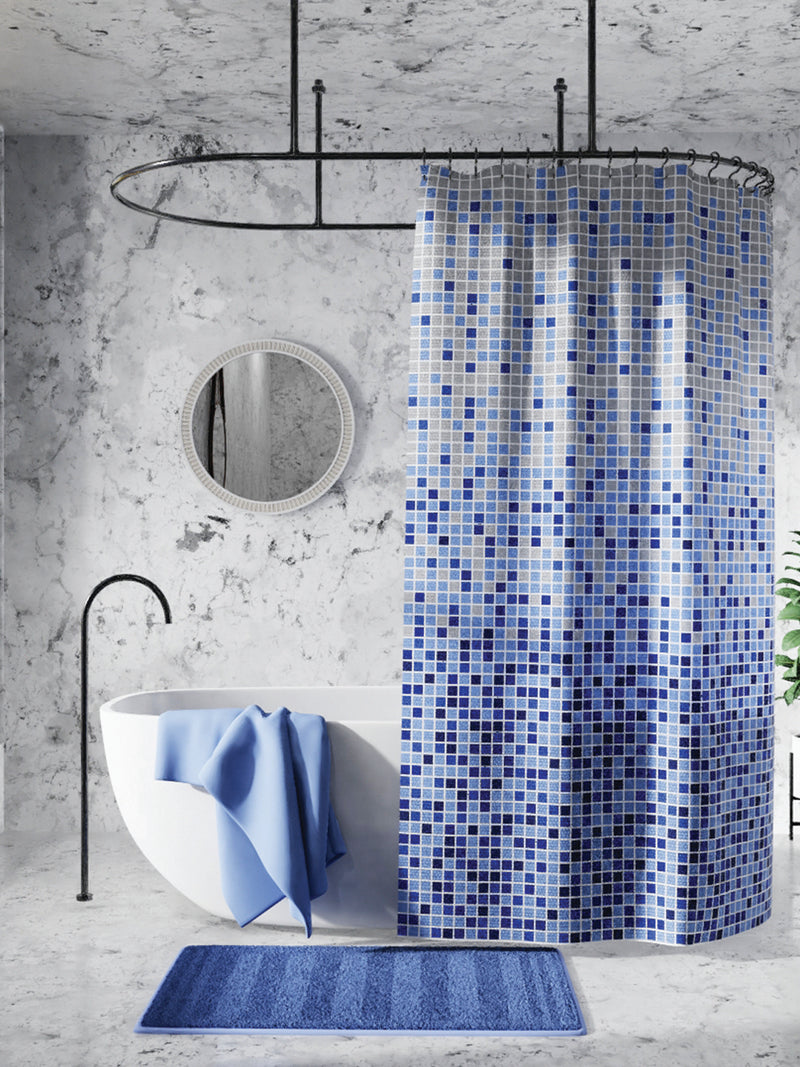 Waterproof Shower Curtain With Hooks <small> (geometrical-blue/multi)</small>