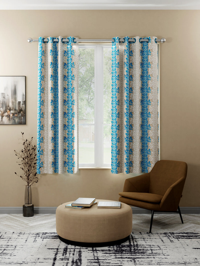 Light Filtering Polyester Eyelet Curtains <small> (floral-beige/turq)</small>